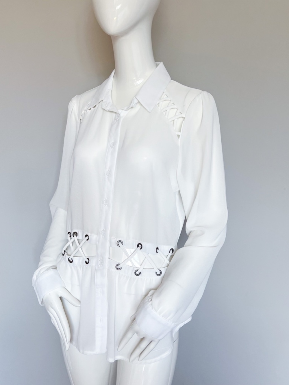 NEW Material Girl White Lace-Up Sheer Button Down Blouse Shirt Size L